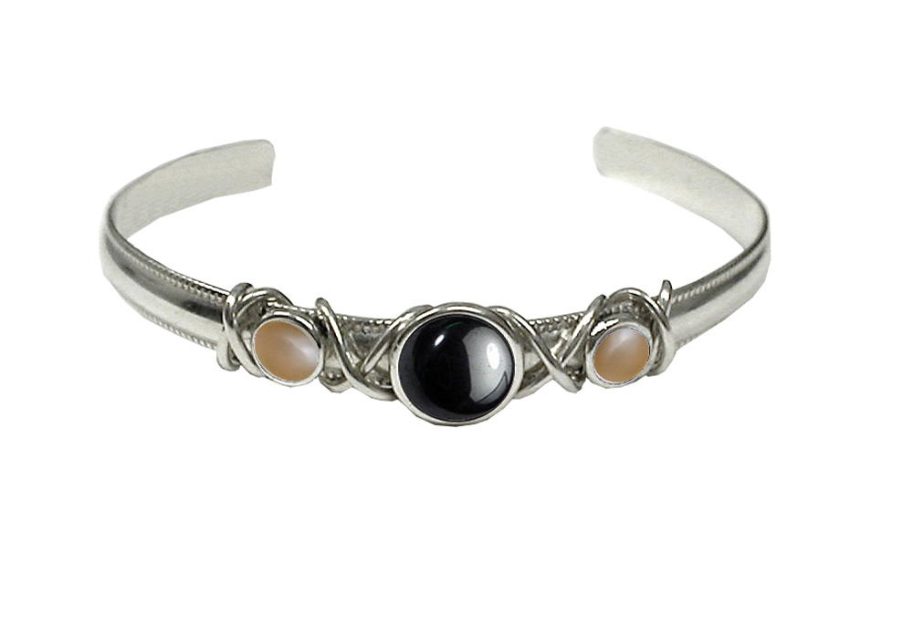 Sterling Silver Hand Made Cuff Bracelet With Hematite And Peach Moonstone